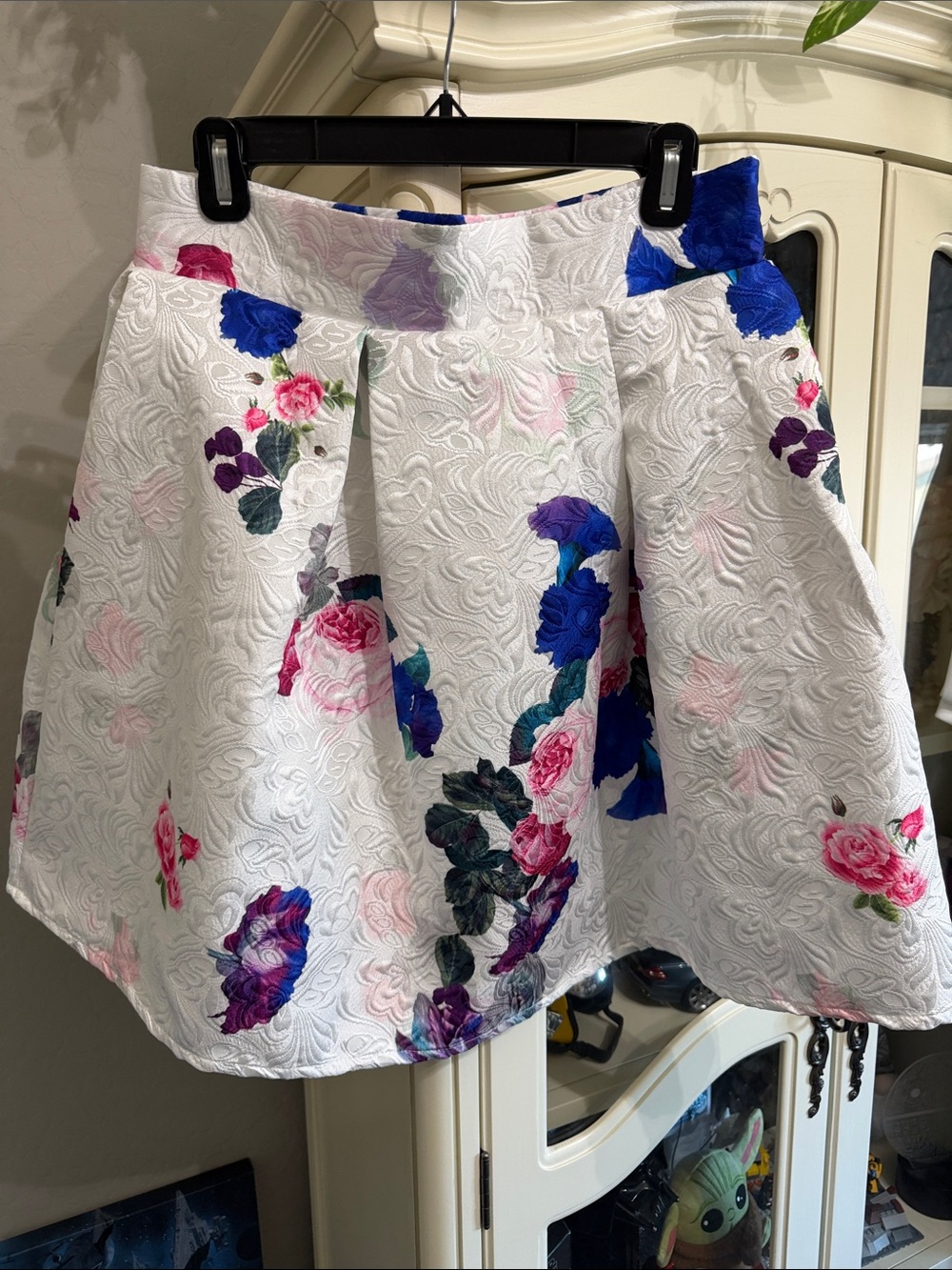 Chicwish White Floral Jacquard Skater Skirt with Pink & Blue Blooms